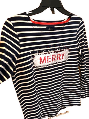 Joules Harbor Ladies Luxe Navy Stripe Sequined Merry/Bright Holiday Top - Sz 12