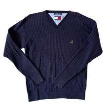 Vintage Tommy Hilfiger Mens Navy Blue Heavy Cable Knit V-Neck Sweater Size Large