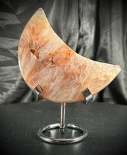 4.15" Carnelian and Hematoid Quartz Moon With Metal Stand 9.5 oz