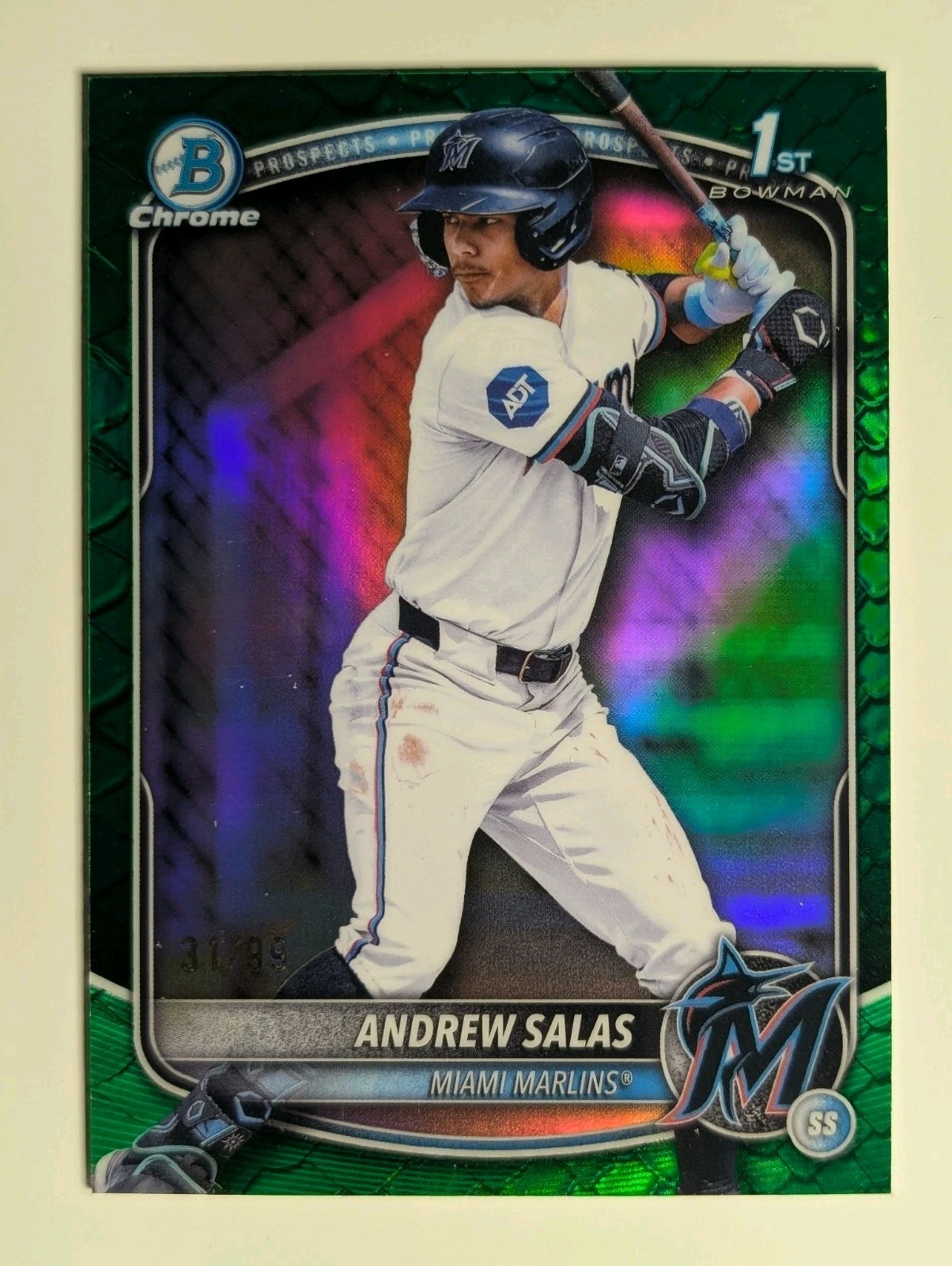 Andrew Salas 2025 Bowman Chrome 1st Bowman Green Reptilian /99 Miami Marlins