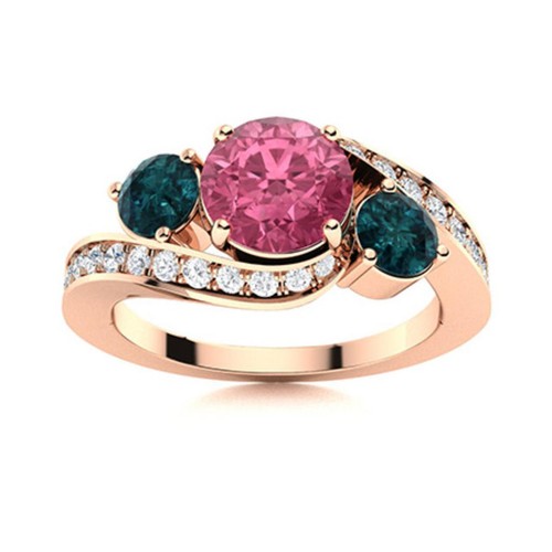 5MM Round Pink Topaz & London Blue Topaz 925 Silver Rose Plated Three Stone Ring