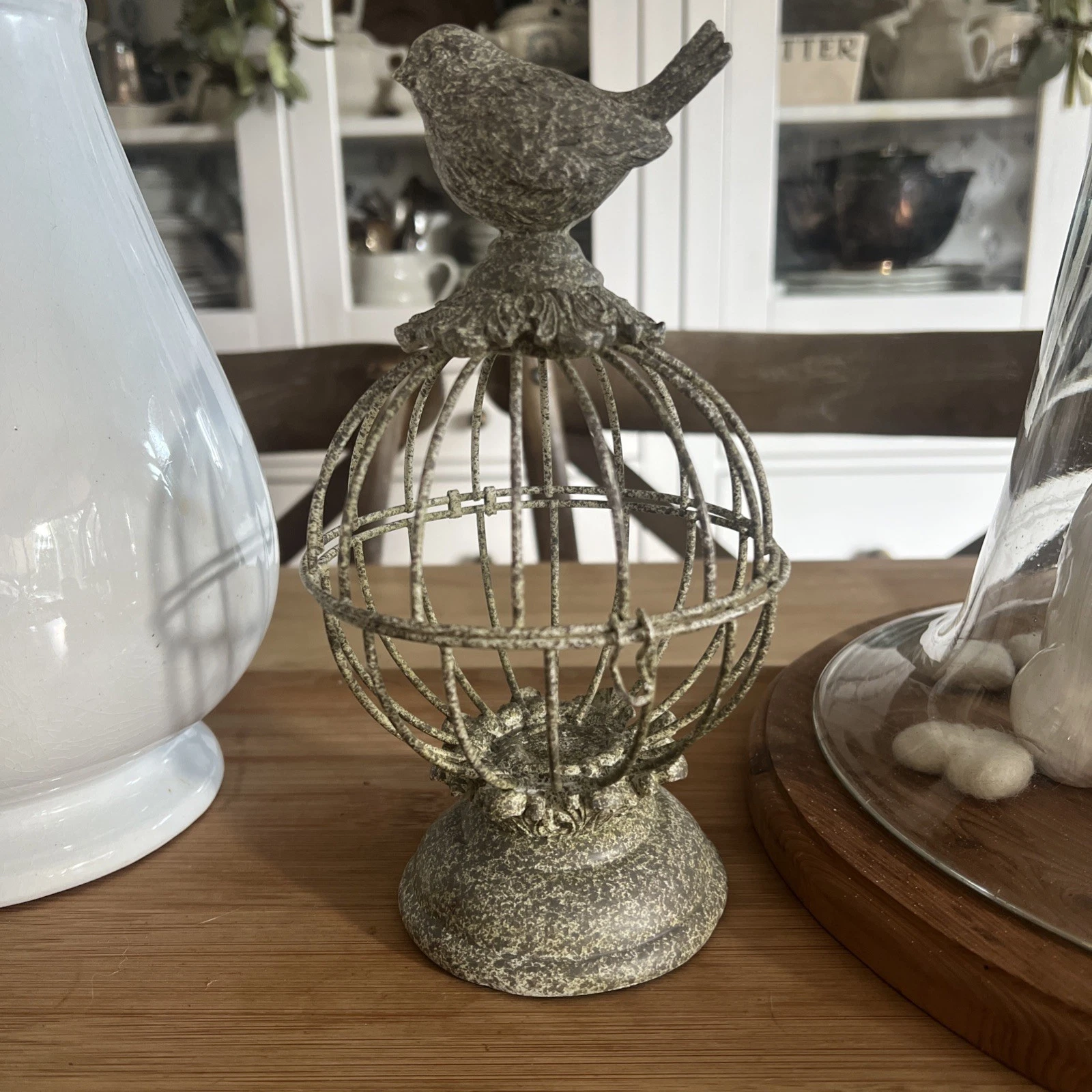 Decorative Vintage Metal Birdcage on Pedestal with Bird Hinged Top Opening Deco