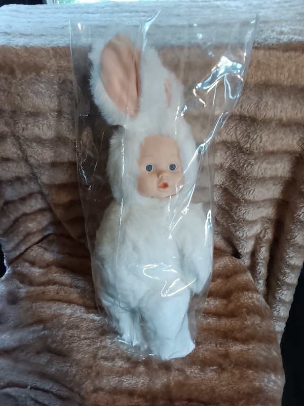 Mary Meyer plastic baby face with plush rabbit body and plush rabbit friend