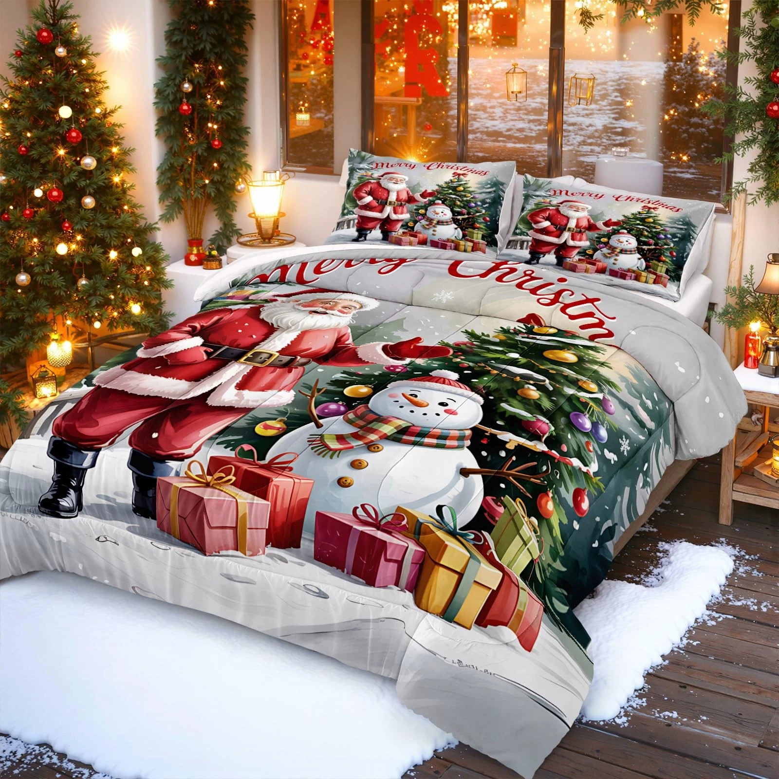 Santa Claus King Comforter Set with Snowman and Christmas Tree Bedding