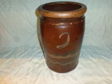 Scarce Antique 19th.c  Brown Glazed Redware Pottery 2 gallon Table Top Crock