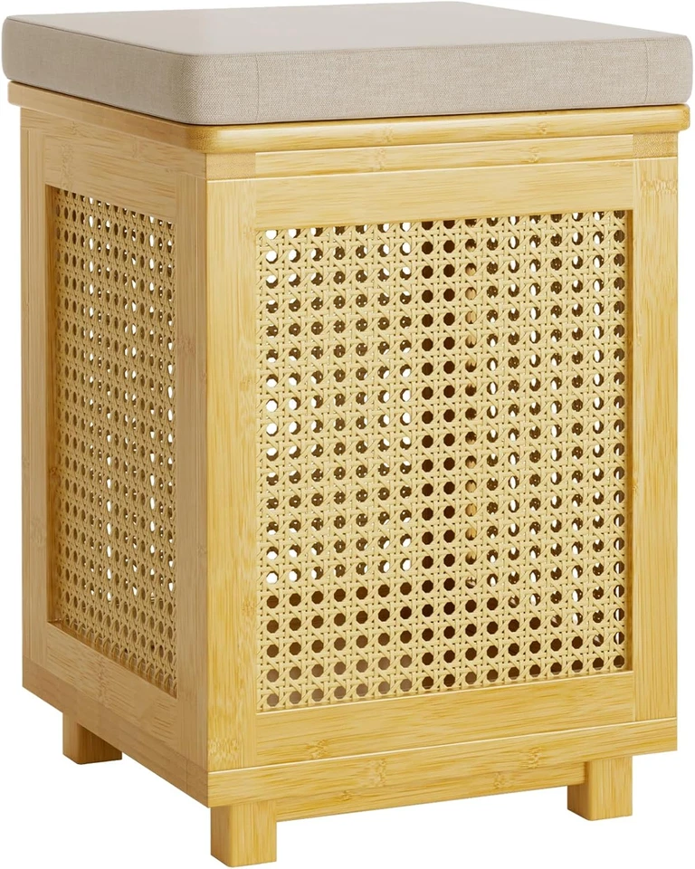 Square Storage Ottoman, Bamboo Rattan Weave Stool with Removable Cushion Top, Sm - Image 3 of 4