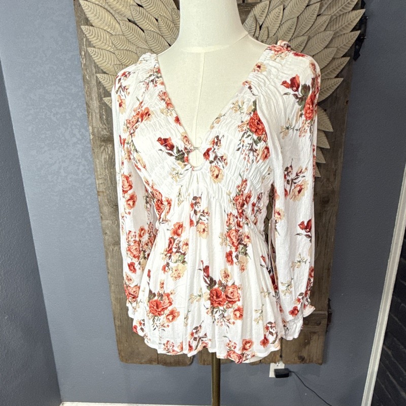 Almost Famous  L White Floral Off-Shoulder Smocked Long Sleeve Blouse