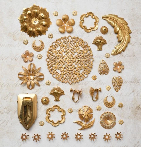 42 Piece Lot Vintage Miriam Haskell Jewelry Parts Stampings Findings Gold Plated