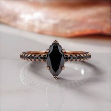 Solid Gold Black Onyx Ring, Marquise Cut Onyx Ring, Black CZ Diamond Jewelry