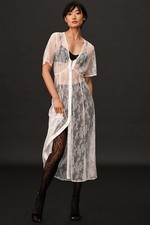 By Anthropologie Sheer Lace Buttondown Dress Nylon Short Sleeve V Neck New M