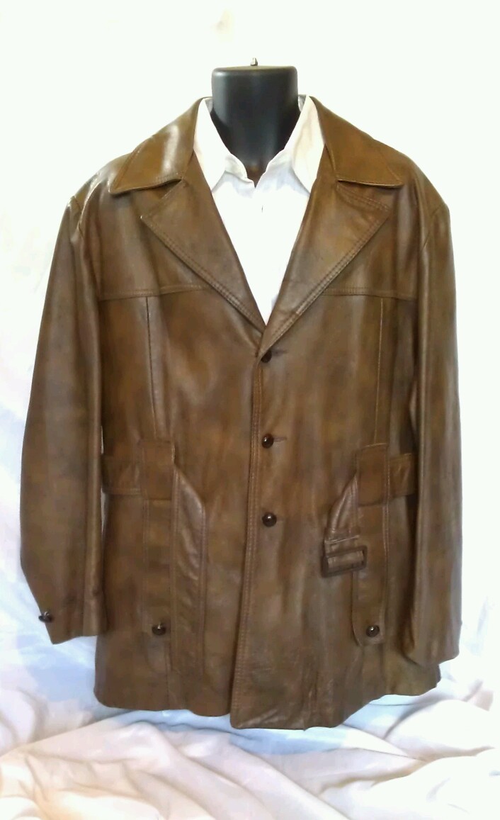 Rare Vintage Arsco 1970s Brown Leather Long Coat Jacket Mens XL