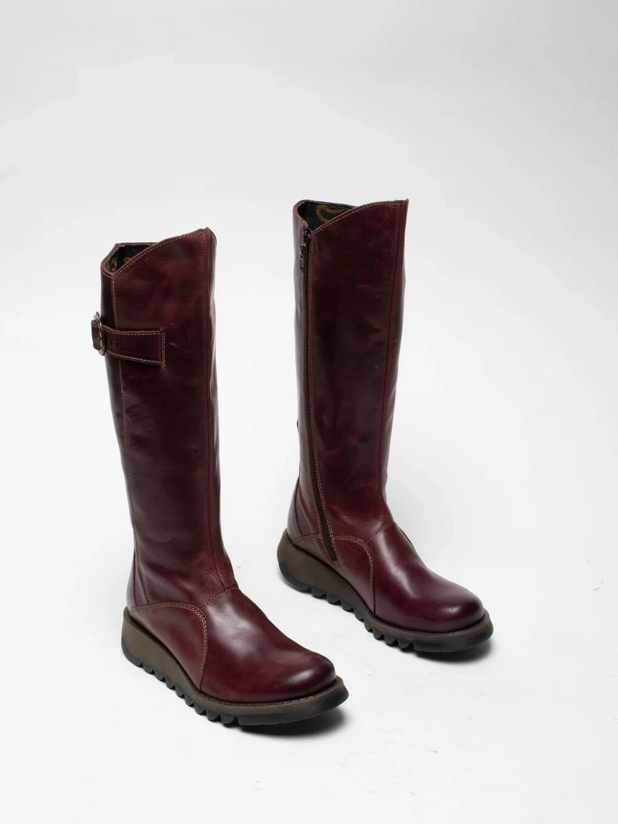 Fly London Mol 2 Womens Purple Leather Zipped Knee High Wedge