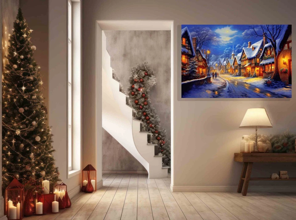 Snowy Christmas Town Canvas Art Prints Oil Painting Reproduction Wall Pictures - Image 3 of 4