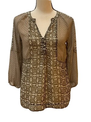 BKE Boutique Womens Blouse Sheer Multi Browns 3/4 Sleeve V-Neck Size Small