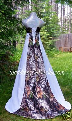 slim fit dress slacks CAMO wedding dress with PICKUPS and CORSET option