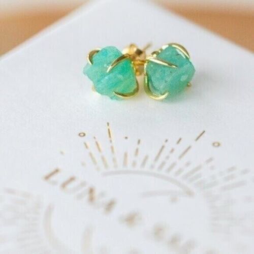 Amazonite Jewelry Set Raw Stud Earrings & Gold Beaded Chunky Bracelet PRETTY - Picture 5 of 16