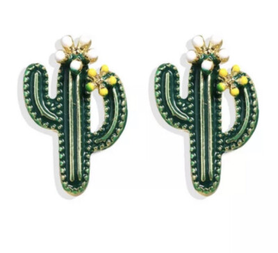Green & Goldtone Dainty Desert Cactus  Stud Earrings