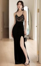 Elegant Sexy Sequins spaghetti strap Bodycon split Fishtail Gown Evening Dresse