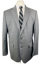 STAFFORD Mens 42L Gray Windowpane Check Soft Wool Blazer Sport Coat Suit Jacket