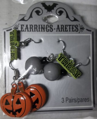 Earrings Aretes Halloween 3 Pair Sets - Pumpkin, Treat and Grey Ovals