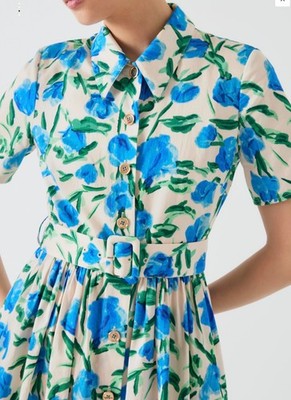 LK Bennett Calder Blue Green Floral Buttoned Midi Cotton Shirt Dress Sz 14 $395
