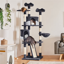 79'' Multilevel Cat Tree with Basket Scratching Posts Ramp, Dark Gray  White
