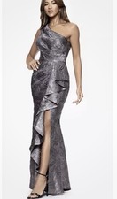 Xscape Metallic Ruffle One-Shoulder Jacquard Mermaid Gown Gunmetal Sz 6 Read