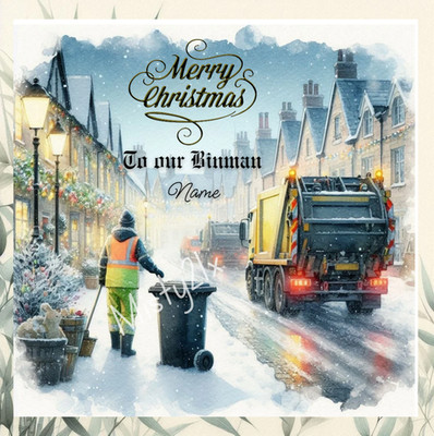 Personalisierte UNSER BINMAN Weihnachtsgrußkarte Dustcart XMAS Dustman LKW Schnee