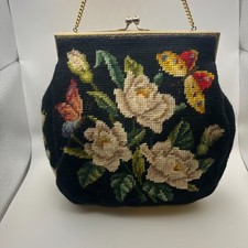 Vintage Black Needlepoint Purse Floral Butterfly Kiss Lock Chain Handle Handbag