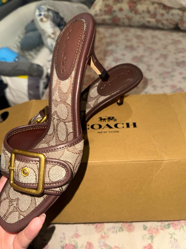Coach Signature Logo Slide Sandals Buckle Strap Kitten heels
