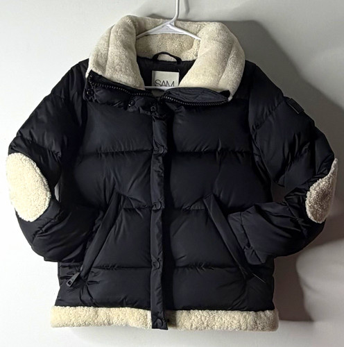 SAM New York Black Nylon Puffer Jacket Shearling Trim Down Zip Snap Pockets M