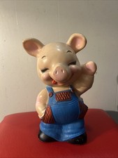 Vintage 1974 Russ Berrie Farmer Pig Piggy Bank Hard Plastic 9.5” Missing Stopper