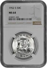 1952 S 50C BU Silver Franklin Half Dollar NGC Graded MS 64 White Coin