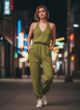 Textured V-Neck Pocket Drawstring Jumpsuit, Casual Wear Size Large