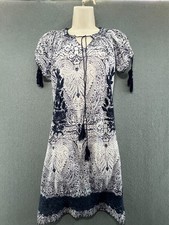 Boho Festival Tunic Dress Paisley Embroidered Navy White Cotton UK 14