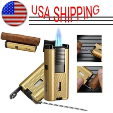 Lubinski Metal Cigar Lighter Punch Drill 3 Jet Flame Torch Butane Gold Holder