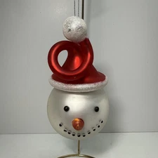 Heavy blown glass snowman head ornament with curly Santa hat READ