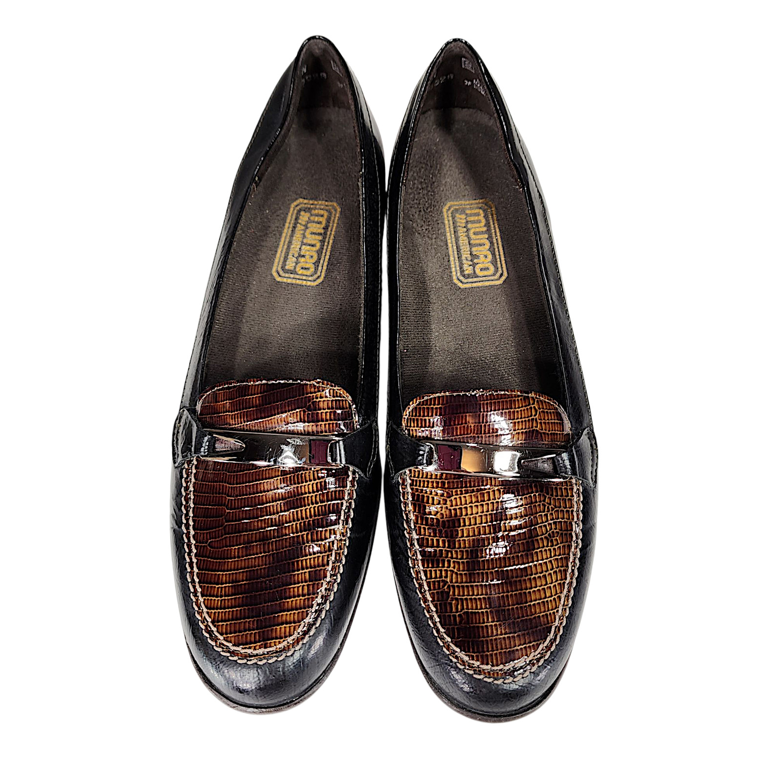 Munro American Snakeskin Loafers sz 7N Women Patent Leather Horsebit Black Brown