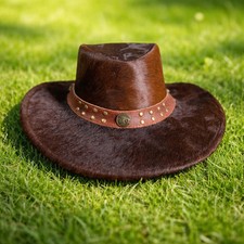 Brown Leather Cowhide Hat, Cowboy Studded Band Western Vintage Style Outback Hat
