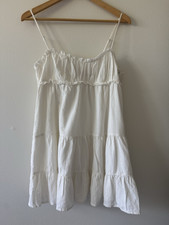 Zara White Mini Sundress M Square Neck Tiered Ruffle Strappy Cotton Zip