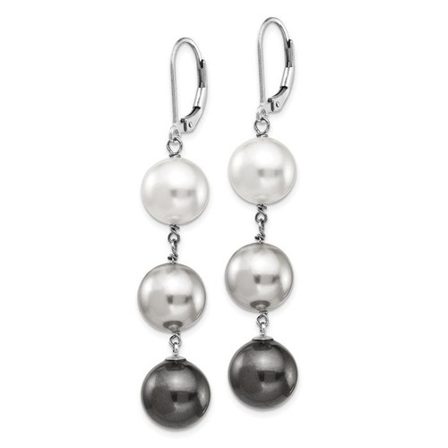 925 Sterling Silver 10mm White Grey Black Shell Pearl Dangle Earrings - Picture 3 of 4