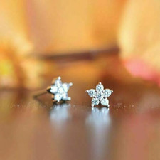 14K White Gold Plated 1 Ct Round Cut Real Moissanite Flower Stud Earrings