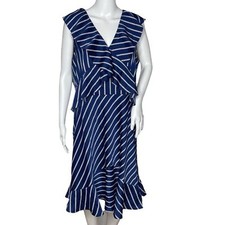 Banana Republic Dress Womens 14 Blue White Stripe Ruffle Flounce Feminine Preppy