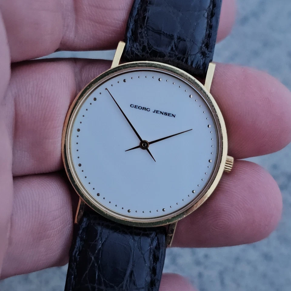 Georg Jensen 18k Gold Watch 1321 Slim Henning Koppel Leather White Dial Mens - Image 2 of 4