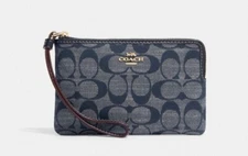 NWT COACH Corner Zip Wristlet In Signature Denim Chambray Leather CH371 New