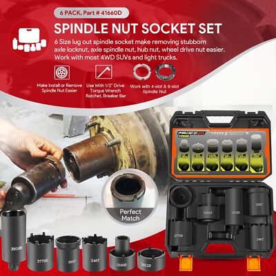 6PC 1/2” Drive Spindle Nut Socket Set 41660D 4WD Axle Hub 4-Lug