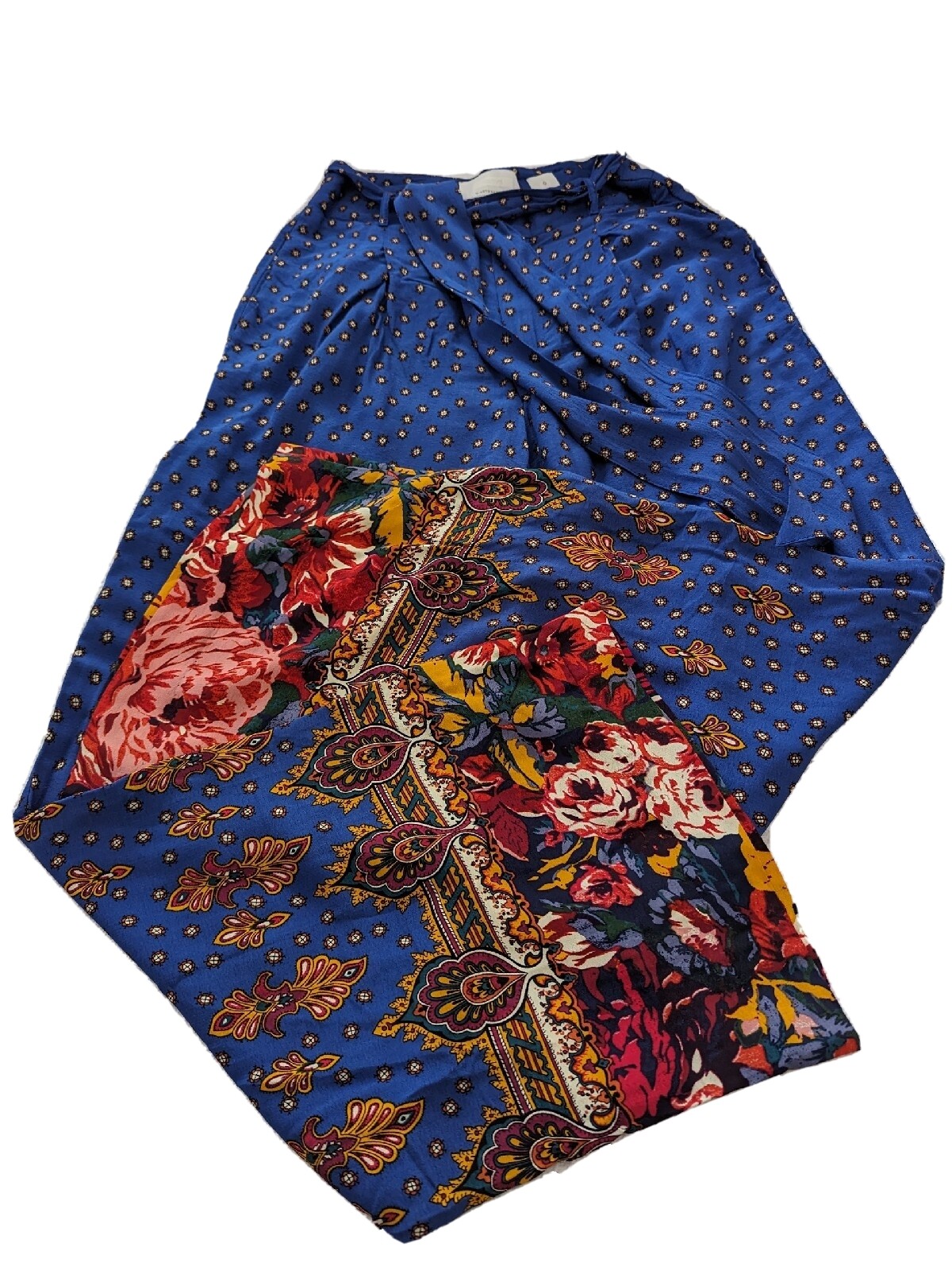 Ettitwa Anthropologie Palazzo Pants Boho Women Blue Gold Paisley Floral Size 0