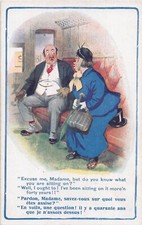 POSTCARD DONALD MCGILL RAILWAY CARRAGE GENT FAT LADY SITTING ON HAT