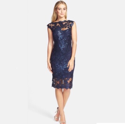 NWT Tadashi Shoji Sequin Lace Cocktail Dress Embroidery Sheath Navy  Size 10