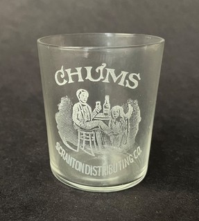 Pre Pro CHUMS WHISKEY Etched Shot Glass Scranton Distributing Co. PA Man & Dog